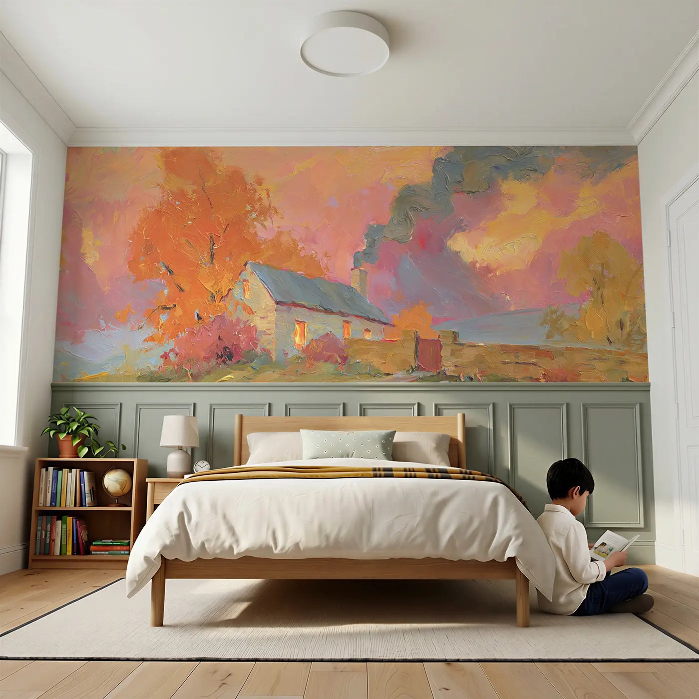 Child reading near Autumn Cottage Chimney Smoke Wainscoting Wallpaper by Whimsy Tots