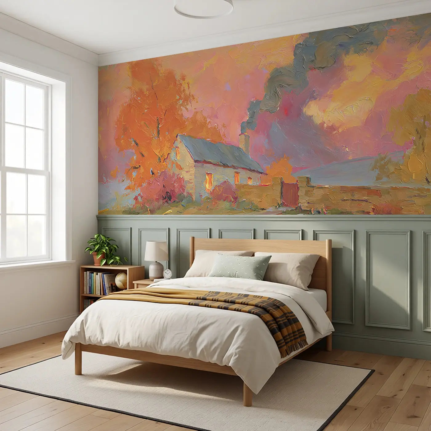 Autumn Cottage Chimney Smoke Wainscoting Wallpaper styled in a kids bedroom by Whimsy Tots