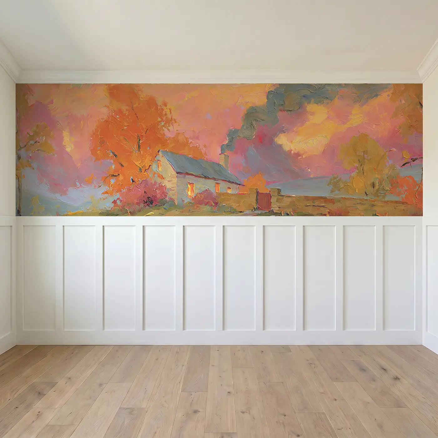 Full panel view of Autumn Cottage Chimney Smoke Wainscoting Wallpaper by Whimsy Tots