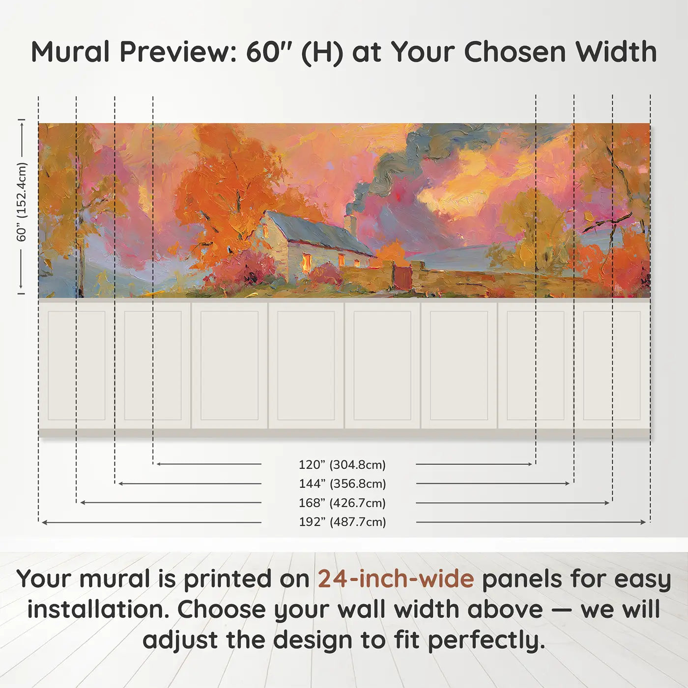 Panel dimensions for Autumn Cottage Chimney Smoke Wainscoting Wallpaper by Whimsy Tots
