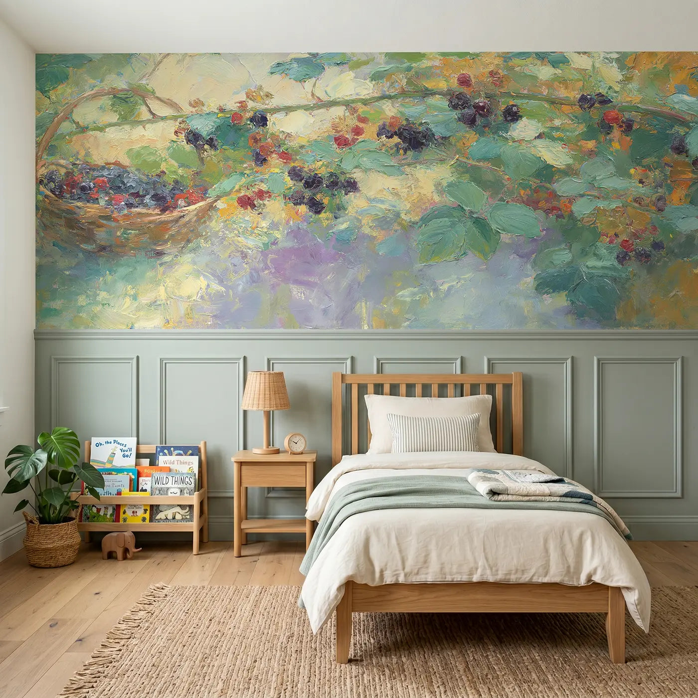 Painted Landscape berry bramble harvest rich wainscoting wallpaper for bedroom by Whimsy Tots
