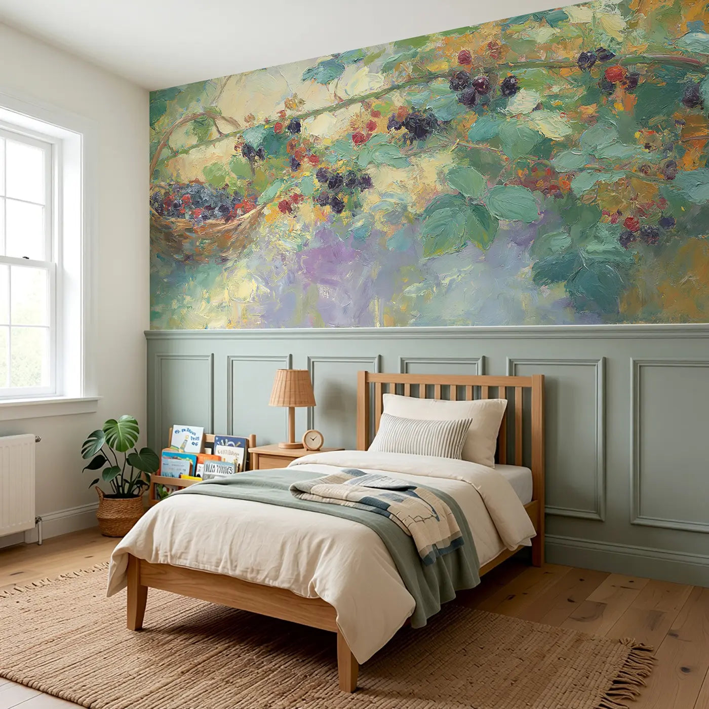 Berry Bramble Harvest Rich Wainscoting Wallpaper styled in a kids bedroom by Whimsy Tots