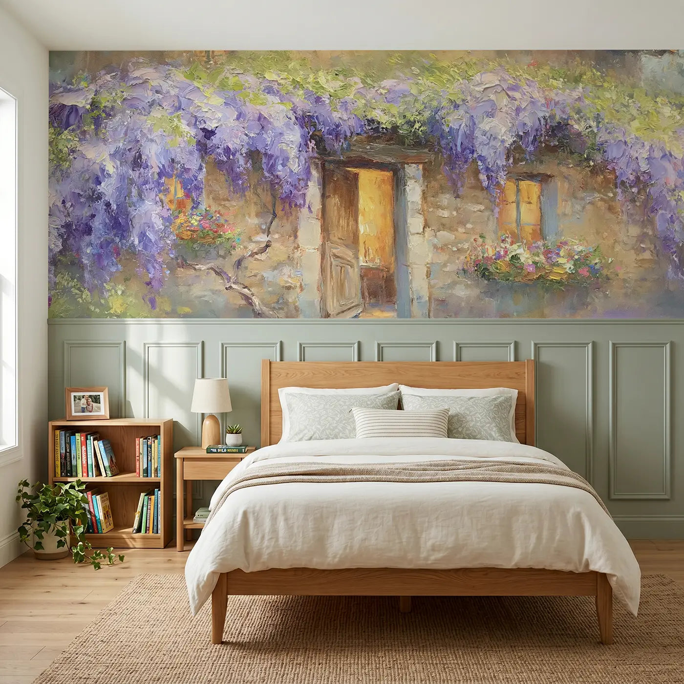 Painted Landscape stone cottage wisteria drape wainscoting wallpaper for bedroom by Whimsy Tots