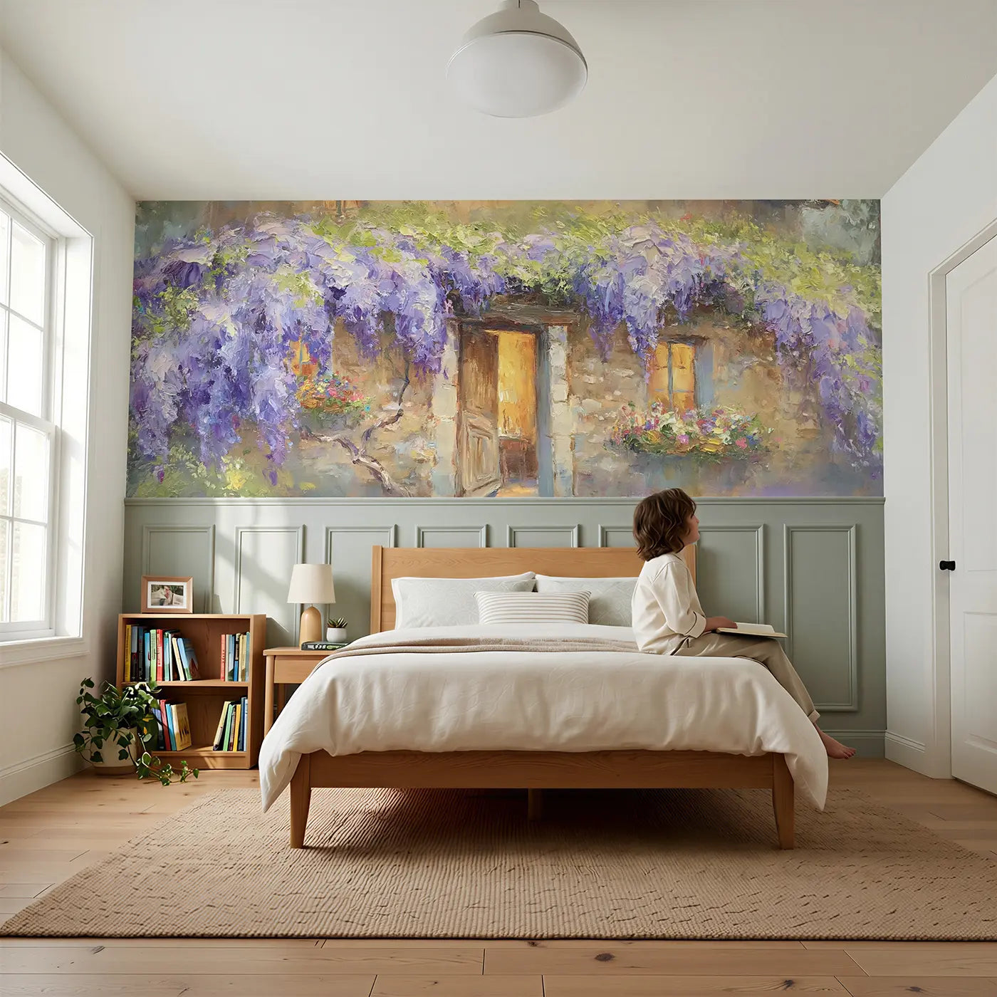 Child reading near Stone Cottage Wisteria Drape Wainscoting Wallpaper by Whimsy Tots