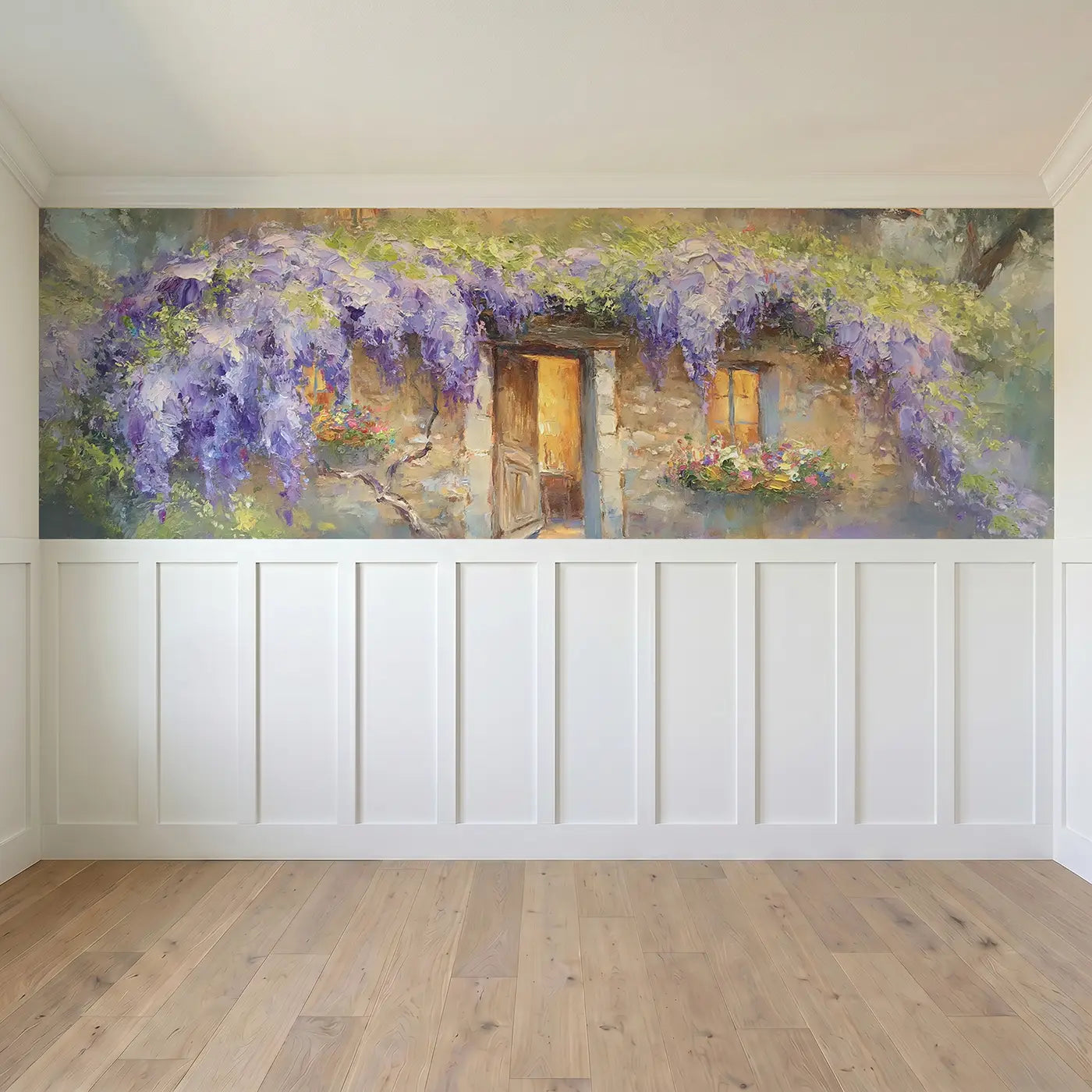 Full panel view of Stone Cottage Wisteria Drape Wainscoting Wallpaper by Whimsy Tots