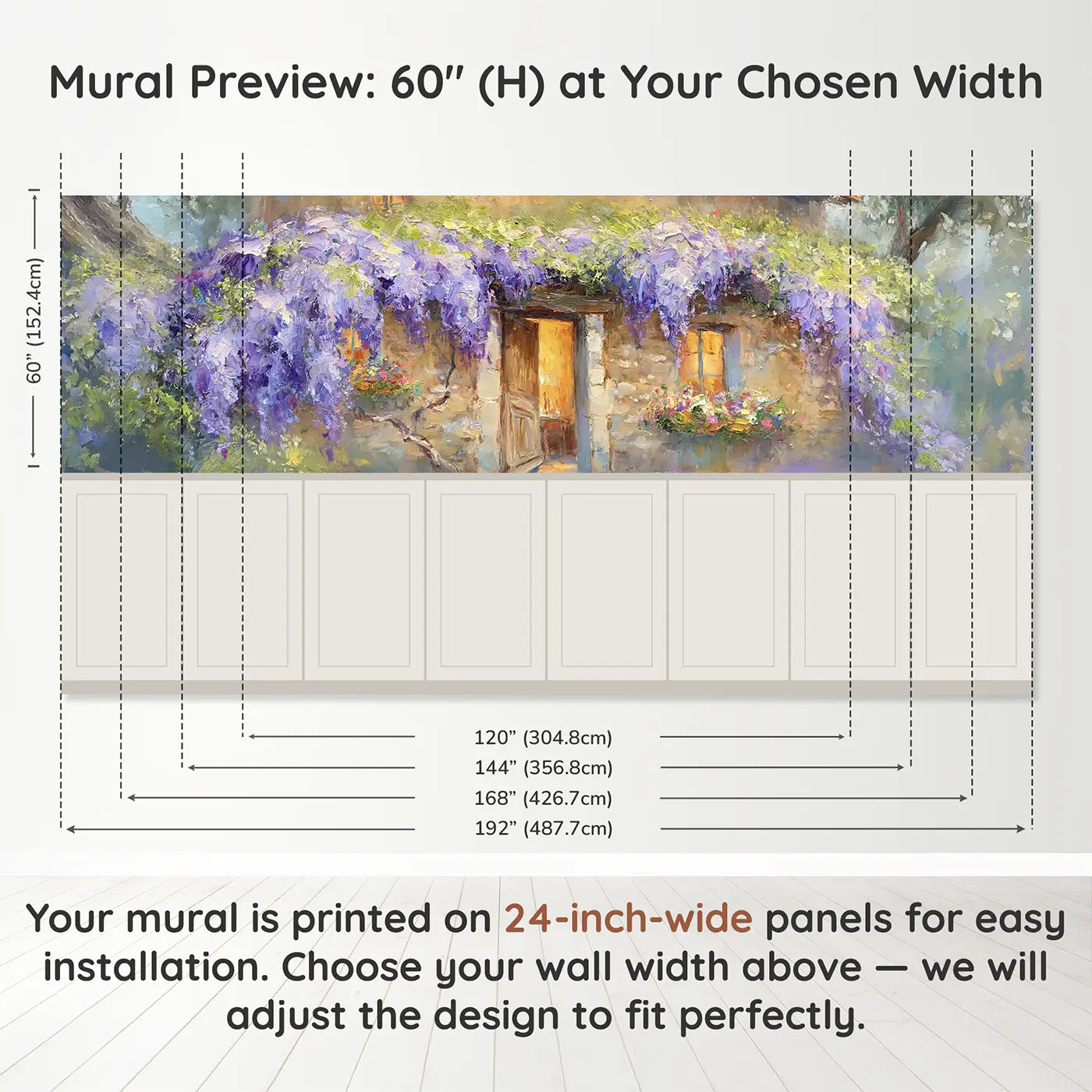 Panel dimensions for Stone Cottage Wisteria Drape Wainscoting Wallpaper by Whimsy Tots
