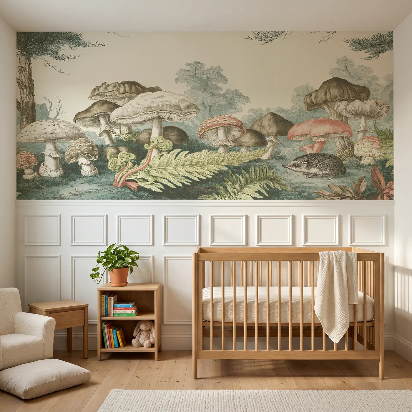 Botanical Elegance mushroom fern forest toile wainscoting wallpaper for nursery by Whimsy Tots