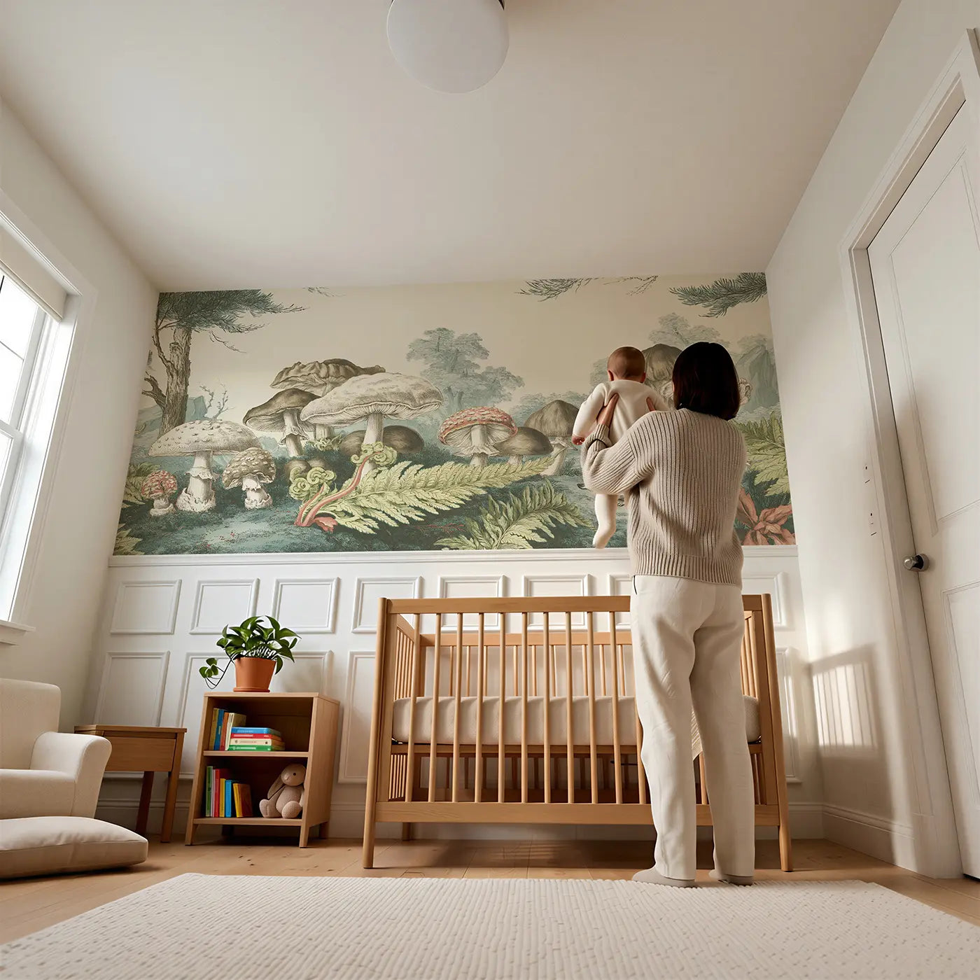 Child reading near Mushroom Fern Forest Toile Wainscoting Wallpaper by Whimsy Tots