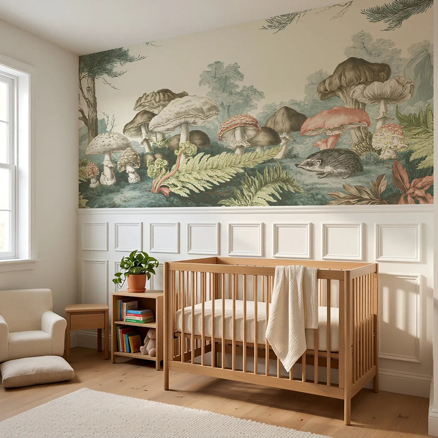 Mushroom Fern Forest Toile Wainscoting Wallpaper styled in a kids bedroom by Whimsy Tots