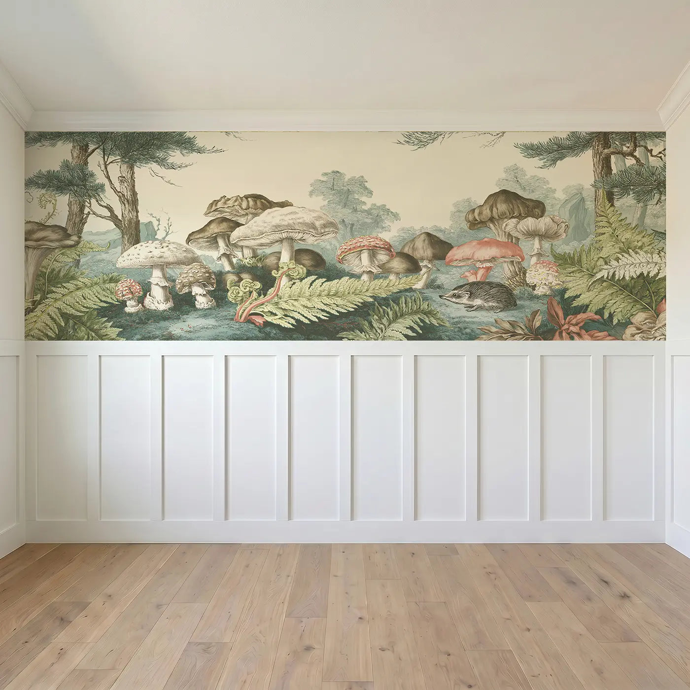 Full panel view of Mushroom Fern Forest Toile Wainscoting Wallpaper by Whimsy Tots
