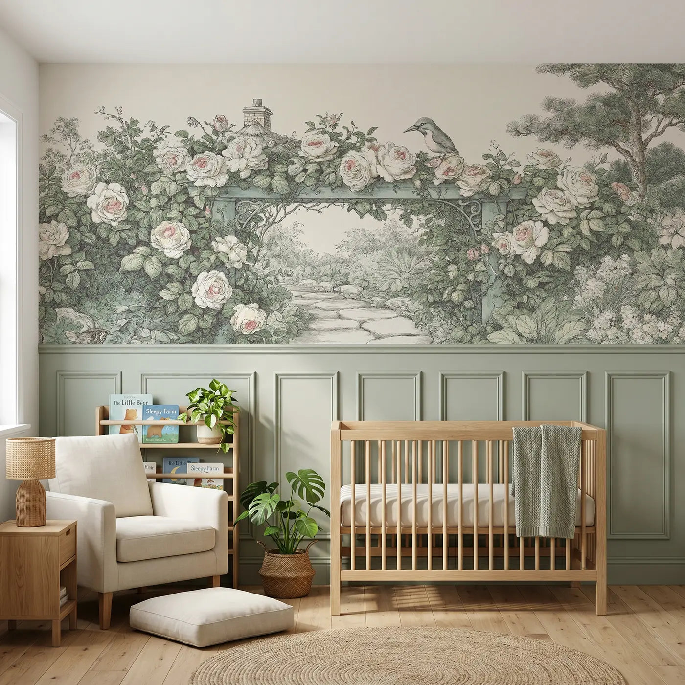 Botanical Elegance cottage garden rose arch wainscoting wallpaper for nursery by Whimsy Tots