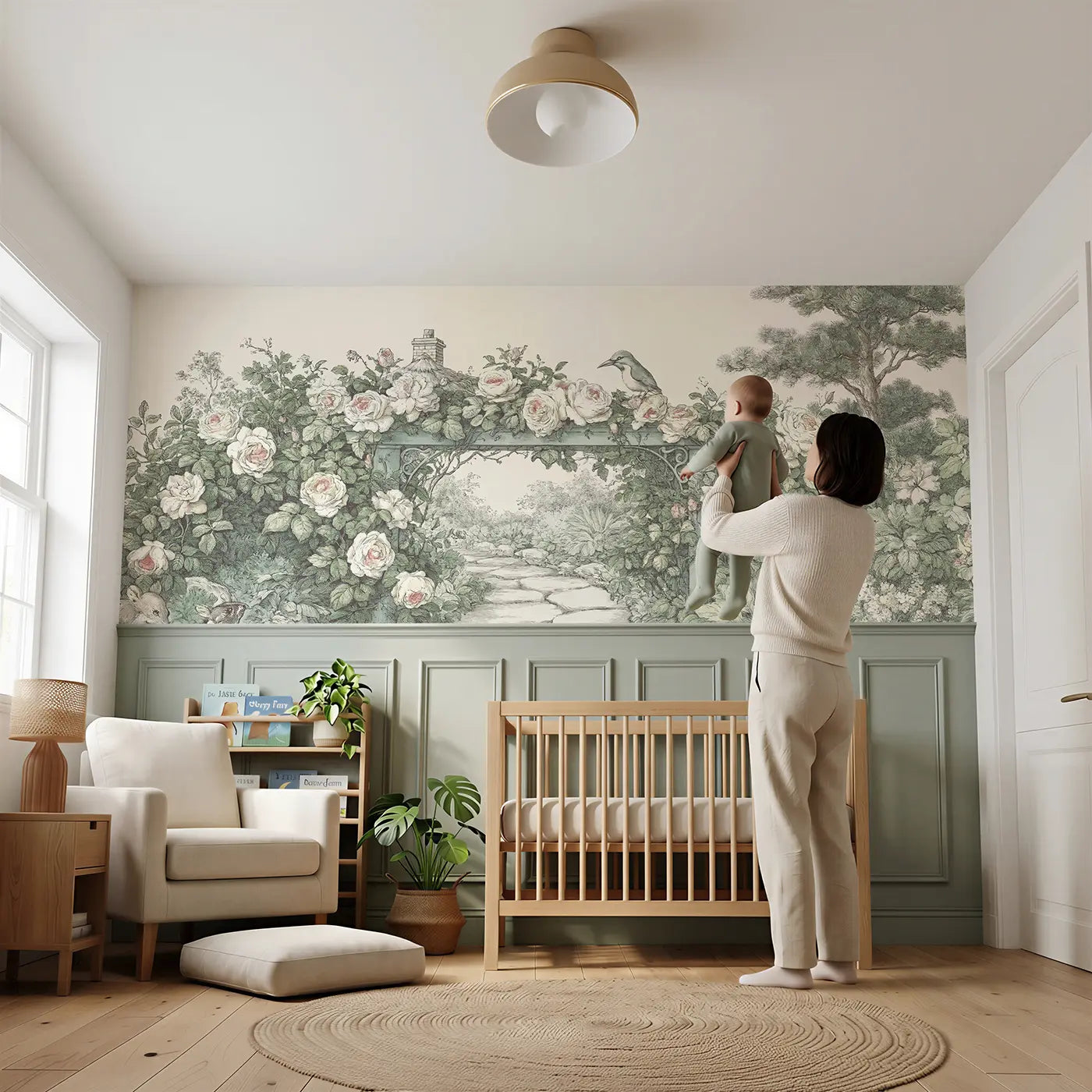 Child reading near Cottage Garden Rose Arch Wainscoting Wallpaper by Whimsy Tots