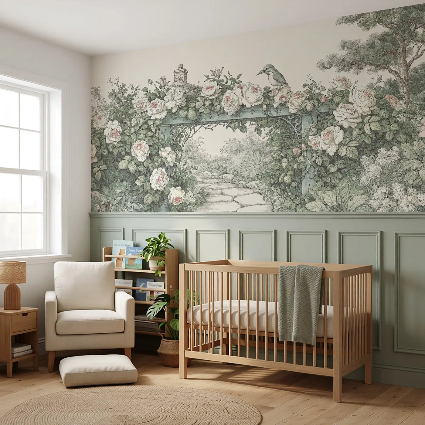 Cottage Garden Rose Arch Wainscoting Wallpaper styled in a kids bedroom by Whimsy Tots