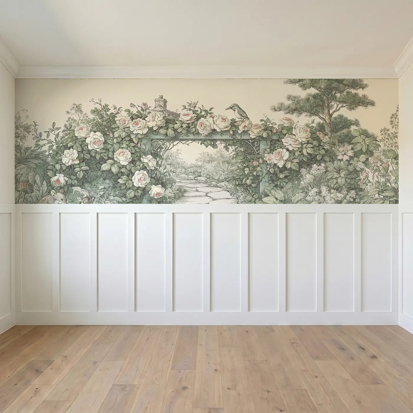 Full panel view of Cottage Garden Rose Arch Wainscoting Wallpaper by Whimsy Tots