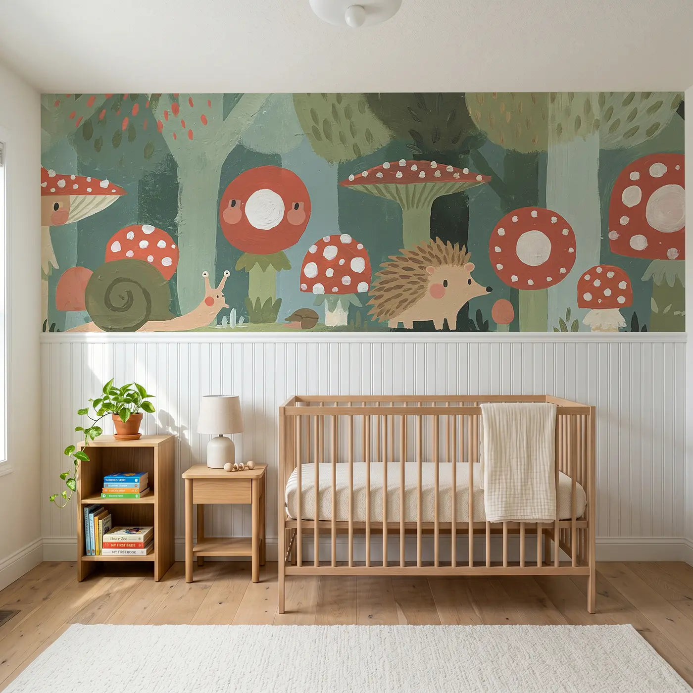 Modern Illustration graphic mushroom garden wainscoting wallpaper for nursery by Whimsy Tots