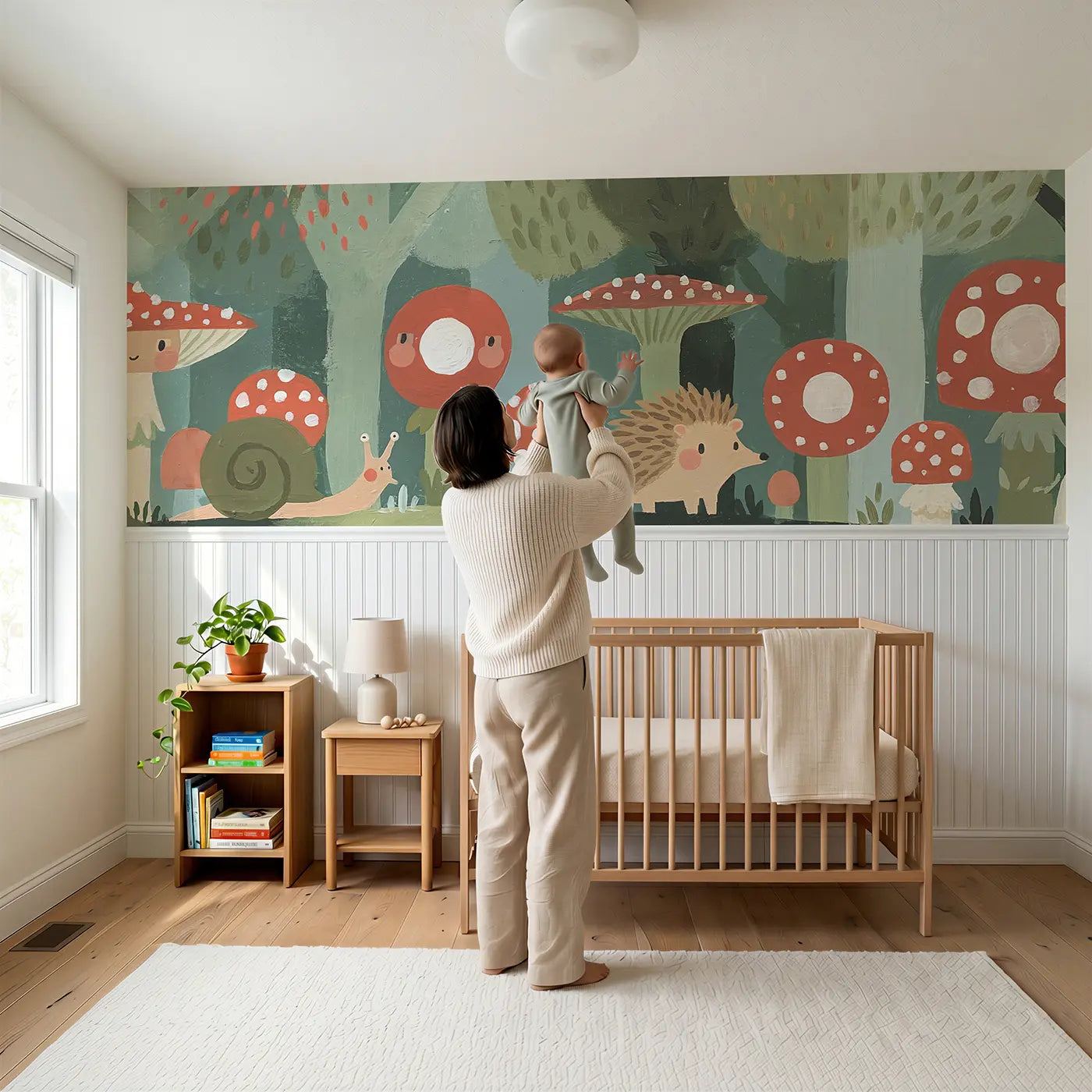 Child reading near Graphic Mushroom Garden Wainscoting Wallpaper by Whimsy Tots