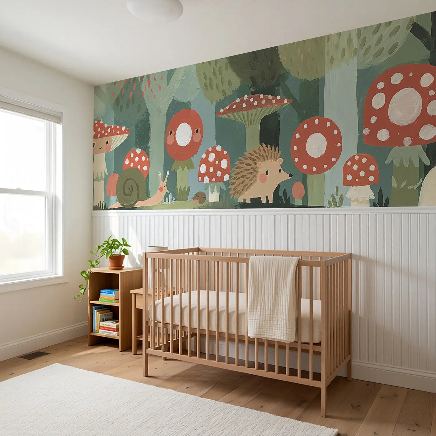 Graphic Mushroom Garden Wainscoting Wallpaper styled in a kids bedroom by Whimsy Tots