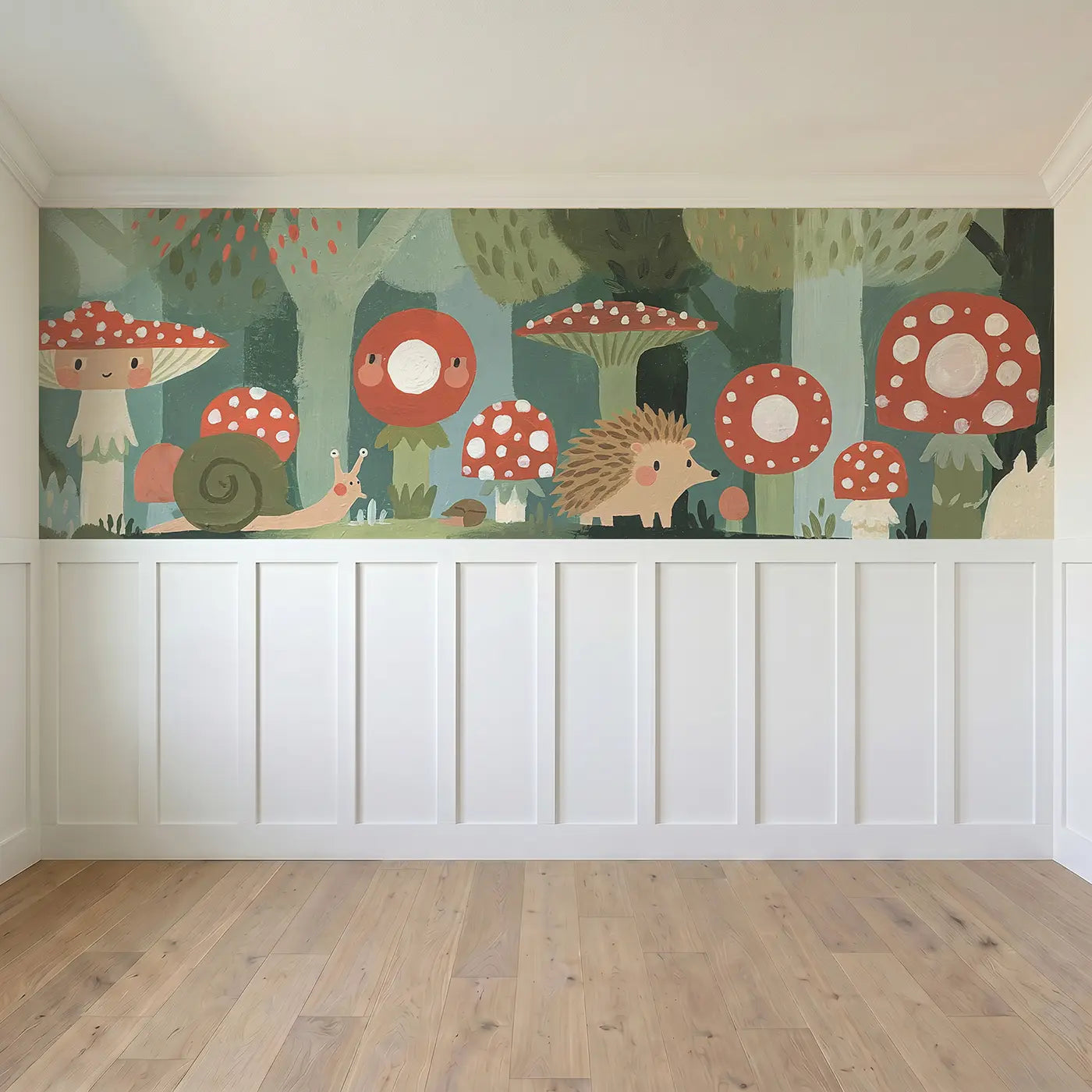 Full panel view of Graphic Mushroom Garden Wainscoting Wallpaper by Whimsy Tots