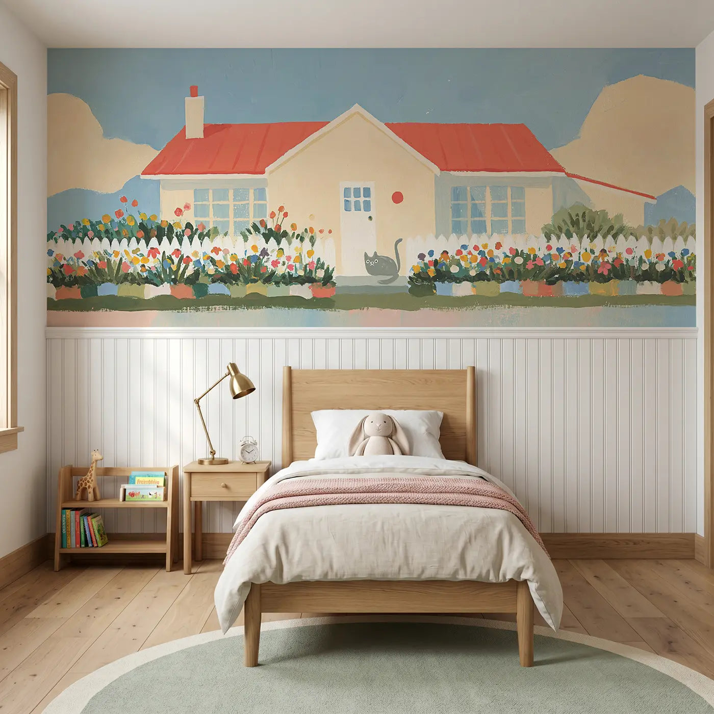 Modern Illustration flat cottage garden scene wainscoting wallpaper for nursery by Whimsy Tots
