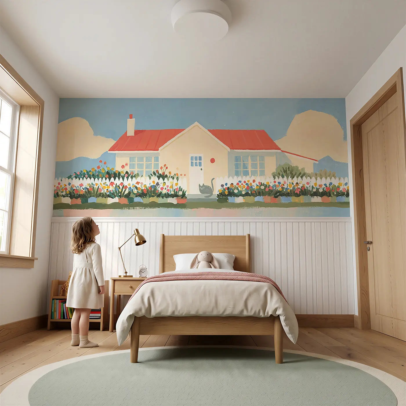 Child reading near Flat Cottage Garden Scene Wainscoting Wallpaper by Whimsy Tots