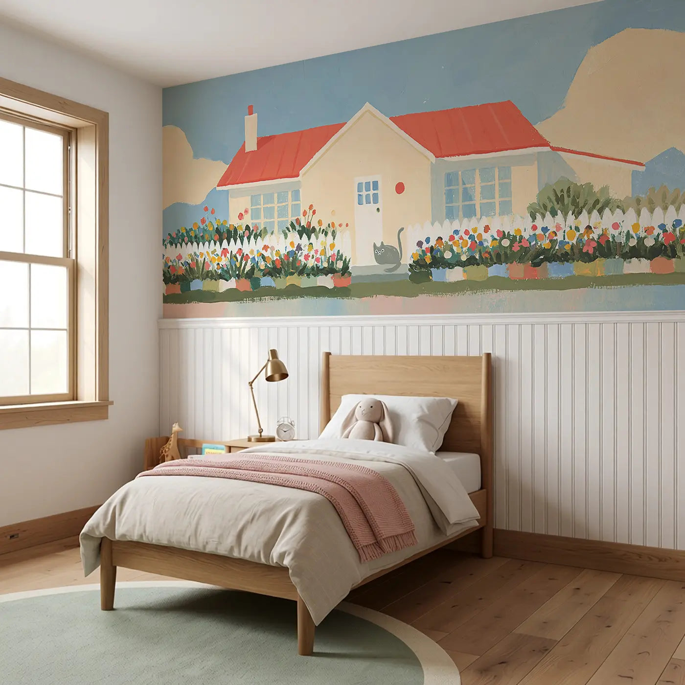 Flat Cottage Garden Scene Wainscoting Wallpaper styled in a kids bedroom by Whimsy Tots