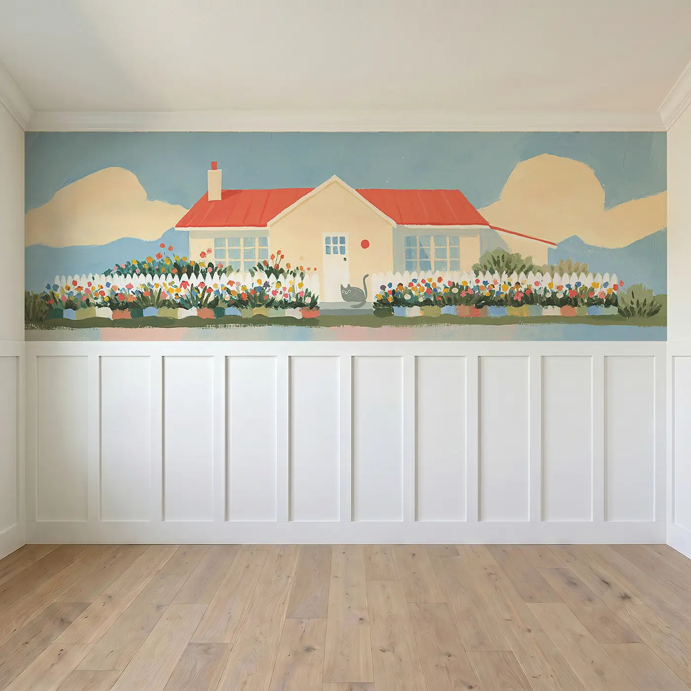 Full panel view of Flat Cottage Garden Scene Wainscoting Wallpaper by Whimsy Tots