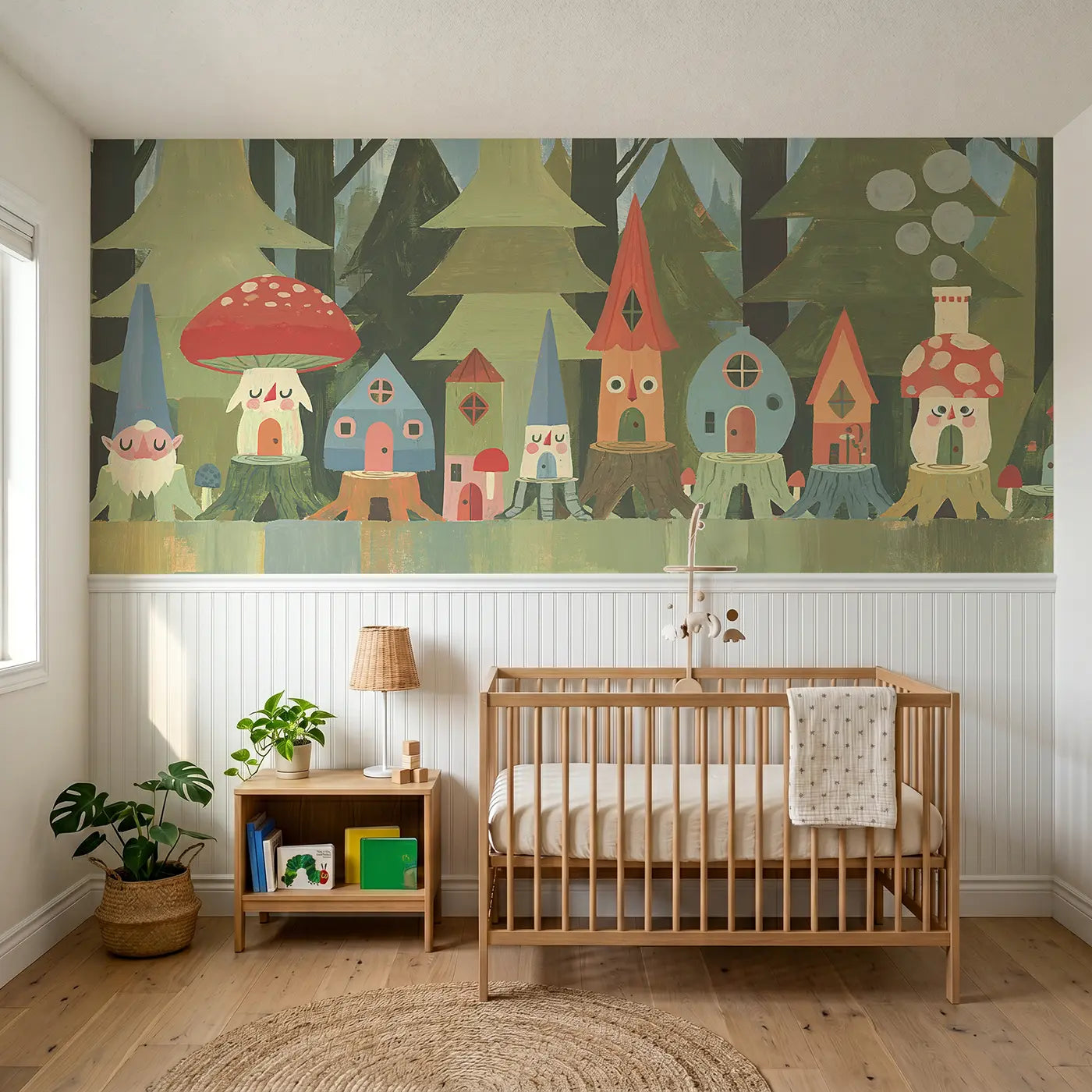 Modern Illustration graphic gnome home row wainscoting wallpaper for nursery by Whimsy Tots