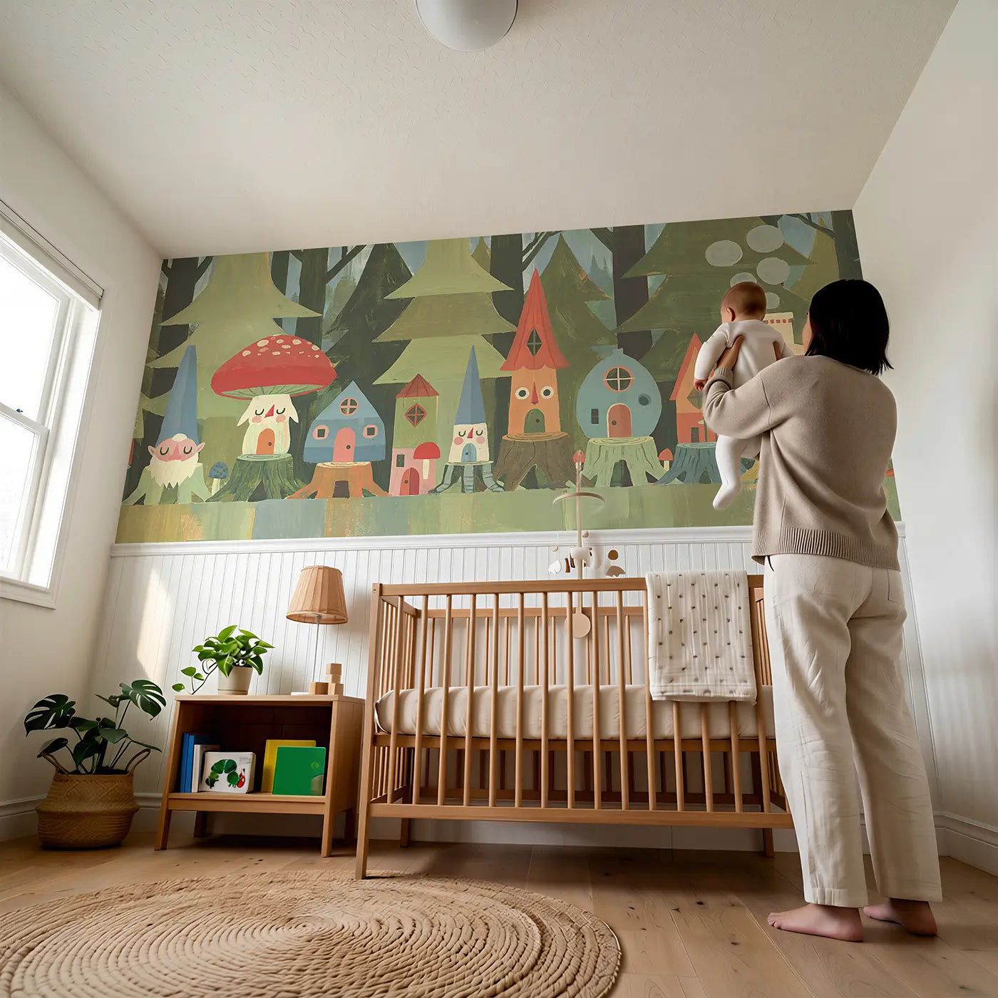 Child reading near Graphic Gnome Home Row Wainscoting Wallpaper by Whimsy Tots