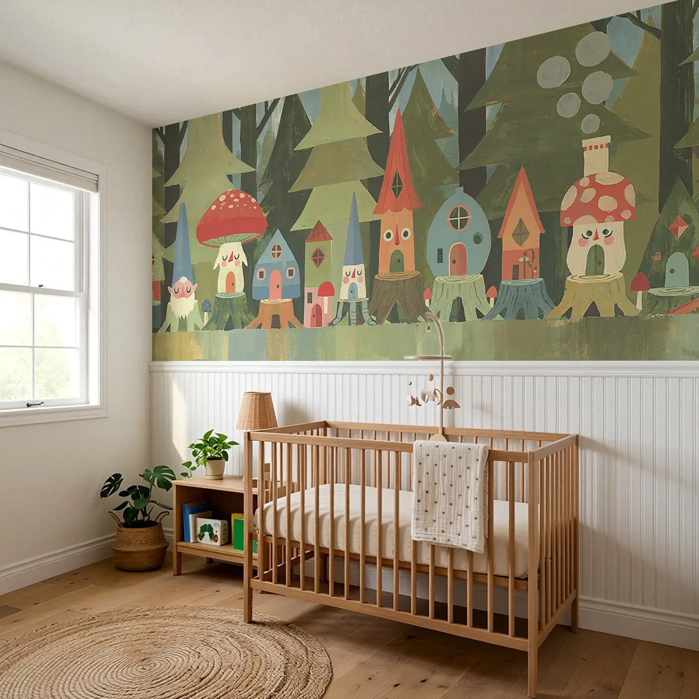 Graphic Gnome Home Row Wainscoting Wallpaper styled in a kids bedroom by Whimsy Tots
