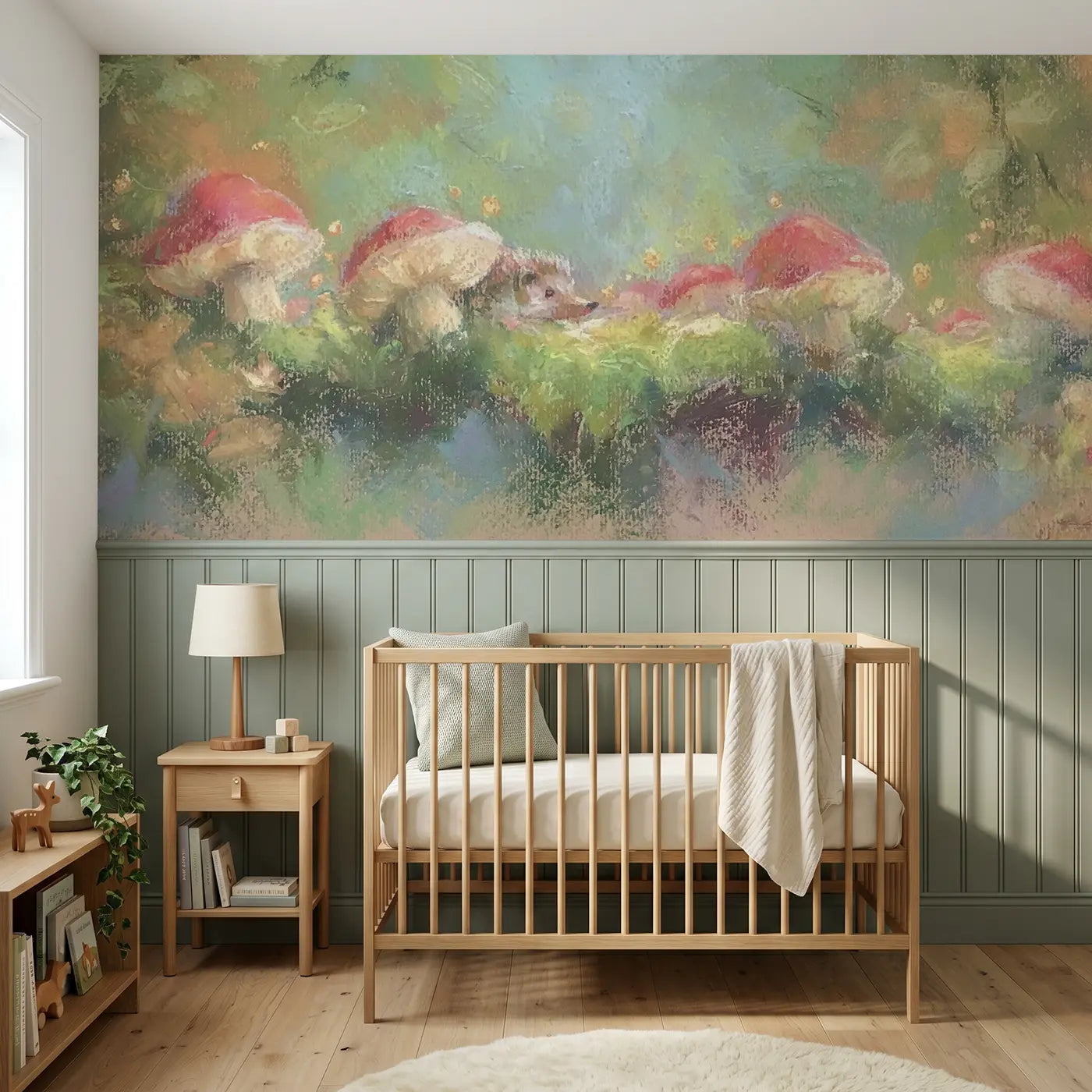 Soft Pastel chalk mushroom fairy ring wainscoting wallpaper for nursery by Whimsy Tots