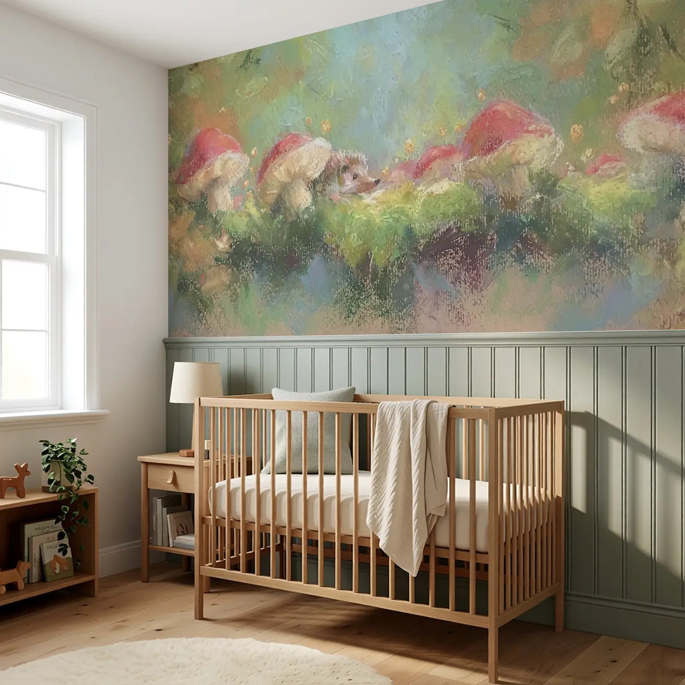 Chalk Mushroom Fairy Ring Wainscoting Wallpaper styled in a kids bedroom by Whimsy Tots