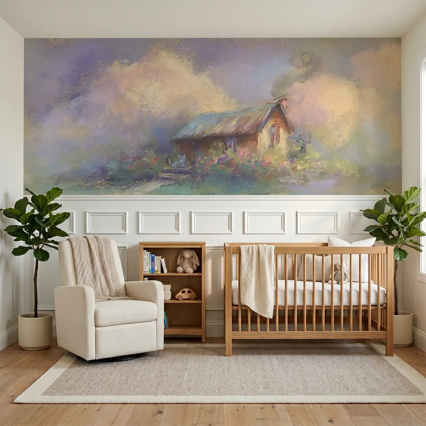 Soft Pastel cottage chimney cozy wainscoting wallpaper for nursery by Whimsy Tots