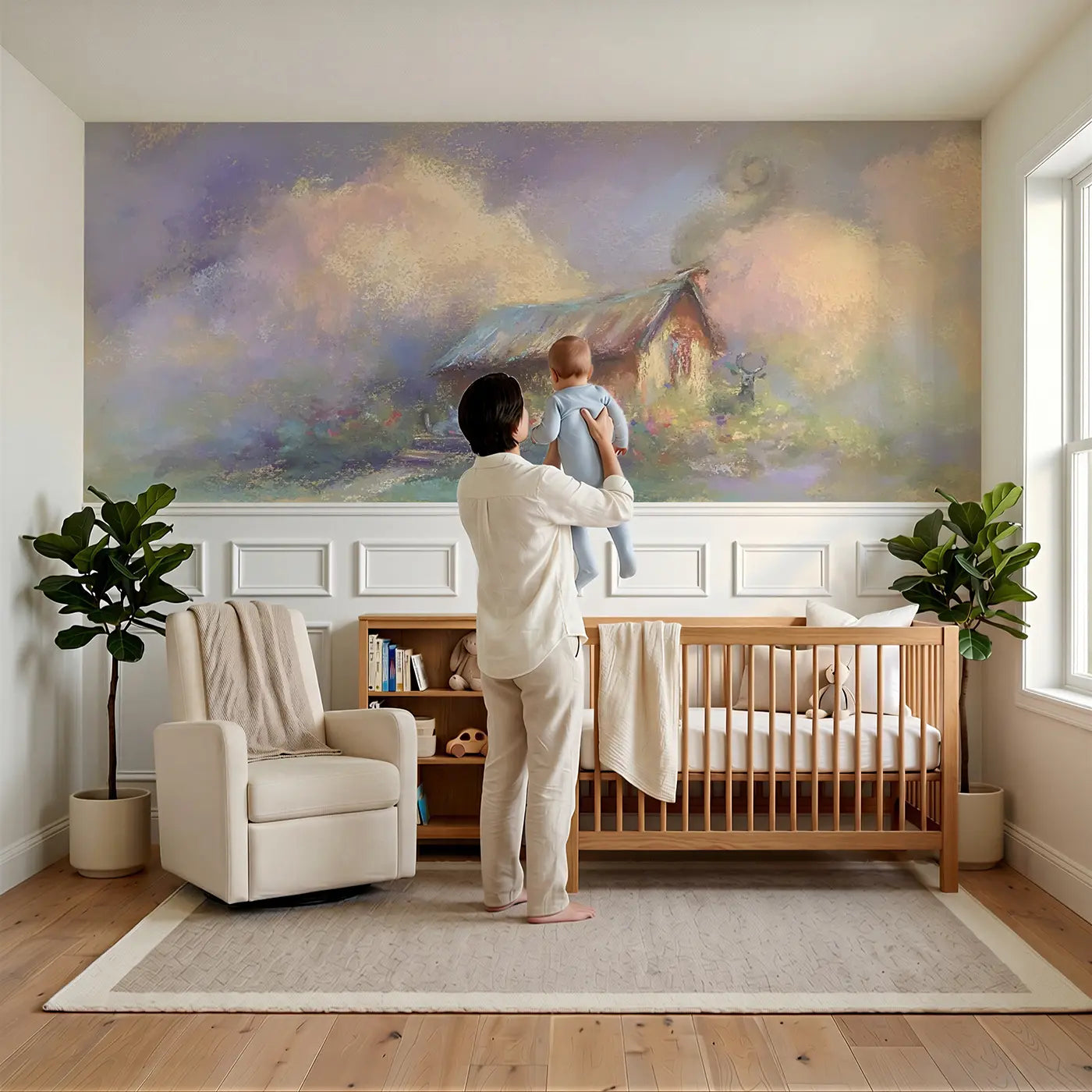 Child reading near Pastel Cottage Chimney Cozy Wainscoting Wallpaper by Whimsy Tots