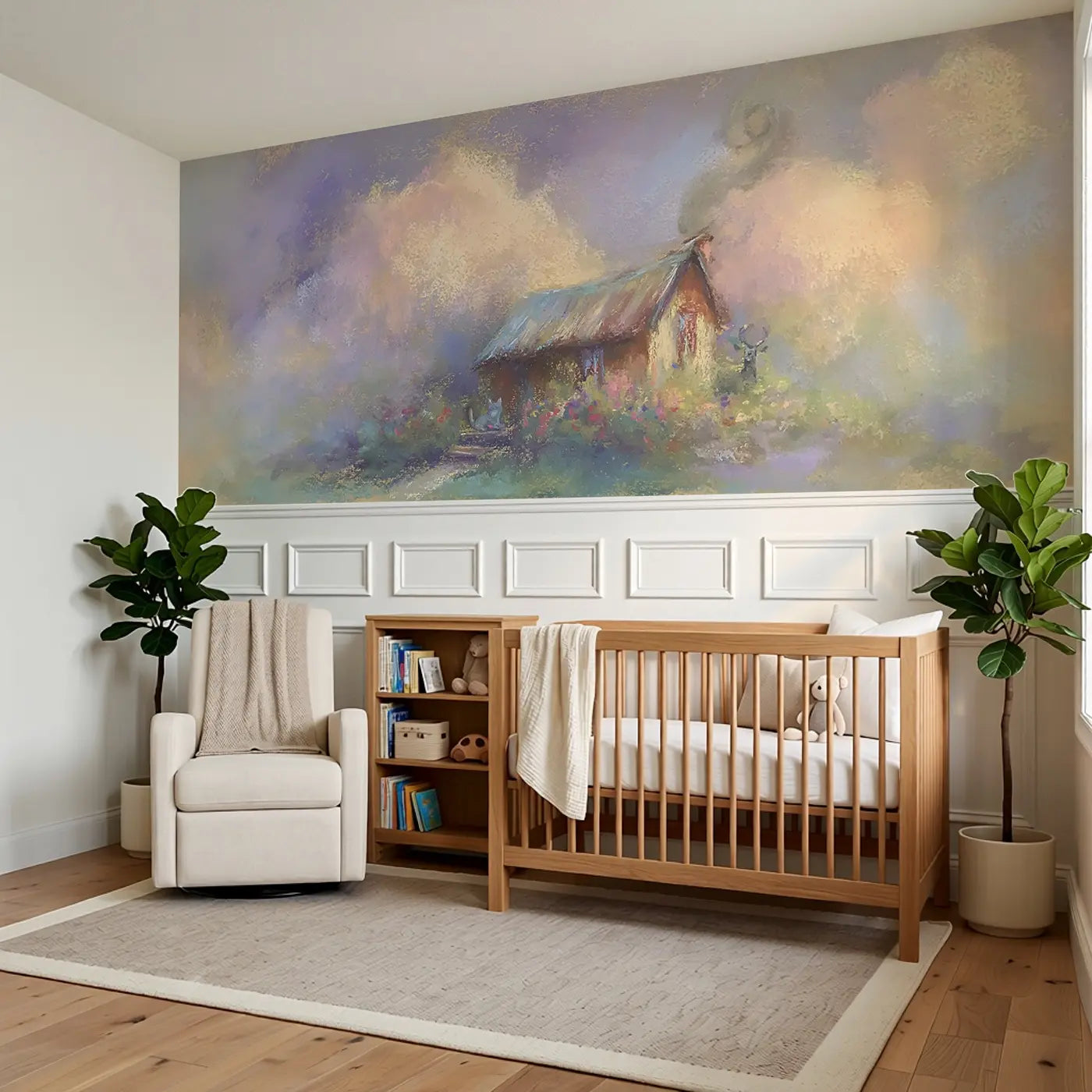 Pastel Cottage Chimney Cozy Wainscoting Wallpaper styled in a kids bedroom by Whimsy Tots