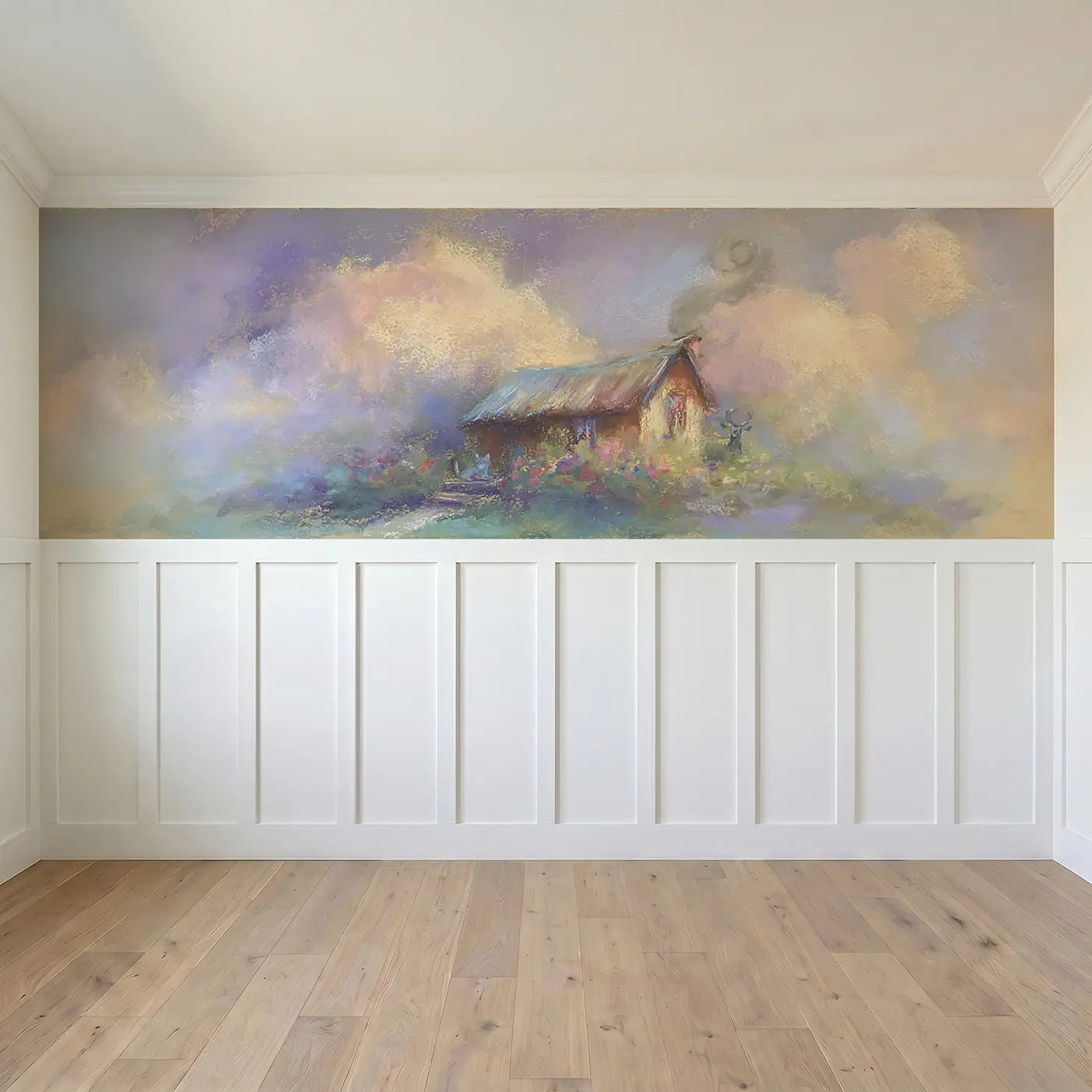 Full panel view of Pastel Cottage Chimney Cozy Wainscoting Wallpaper by Whimsy Tots