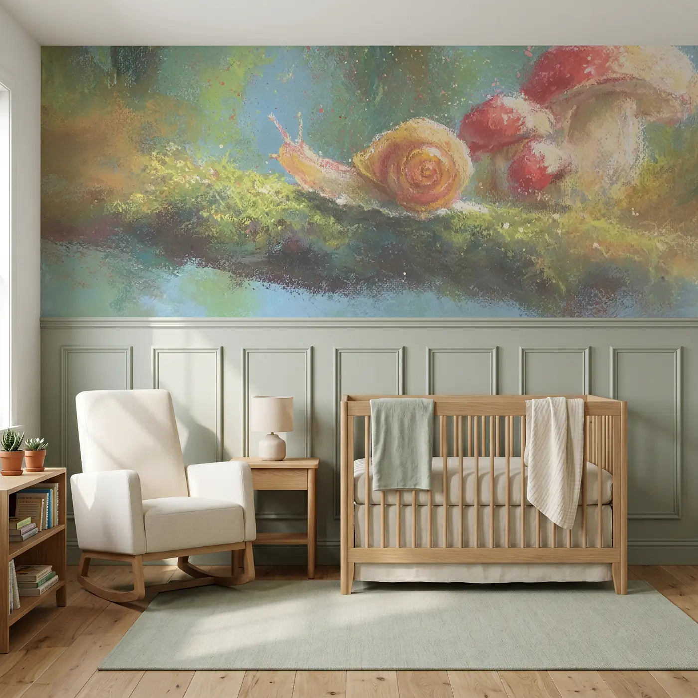 Soft Pastel fuzzy snail mushroom walk wainscoting wallpaper for nursery by Whimsy Tots