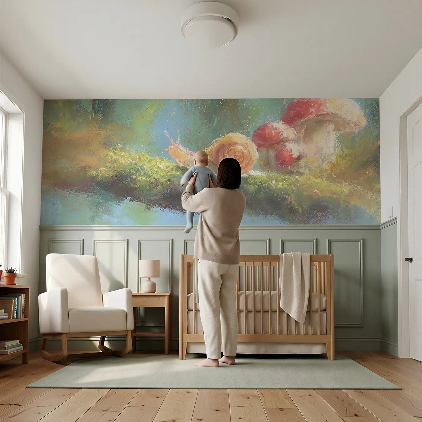 Child reading near Fuzzy Snail Mushroom Walk Wainscoting Wallpaper by Whimsy Tots