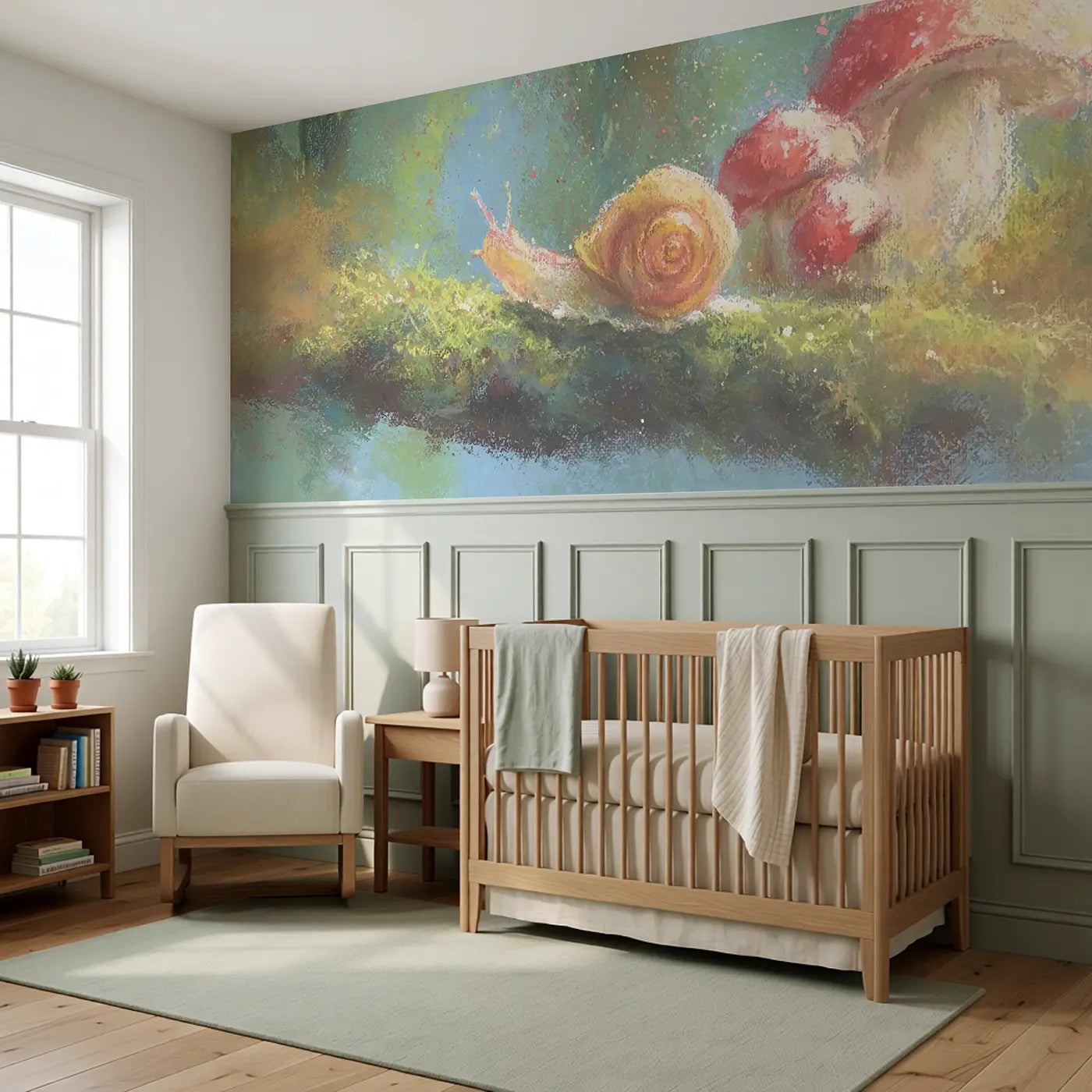 Fuzzy Snail Mushroom Walk Wainscoting Wallpaper styled in a kids bedroom by Whimsy Tots