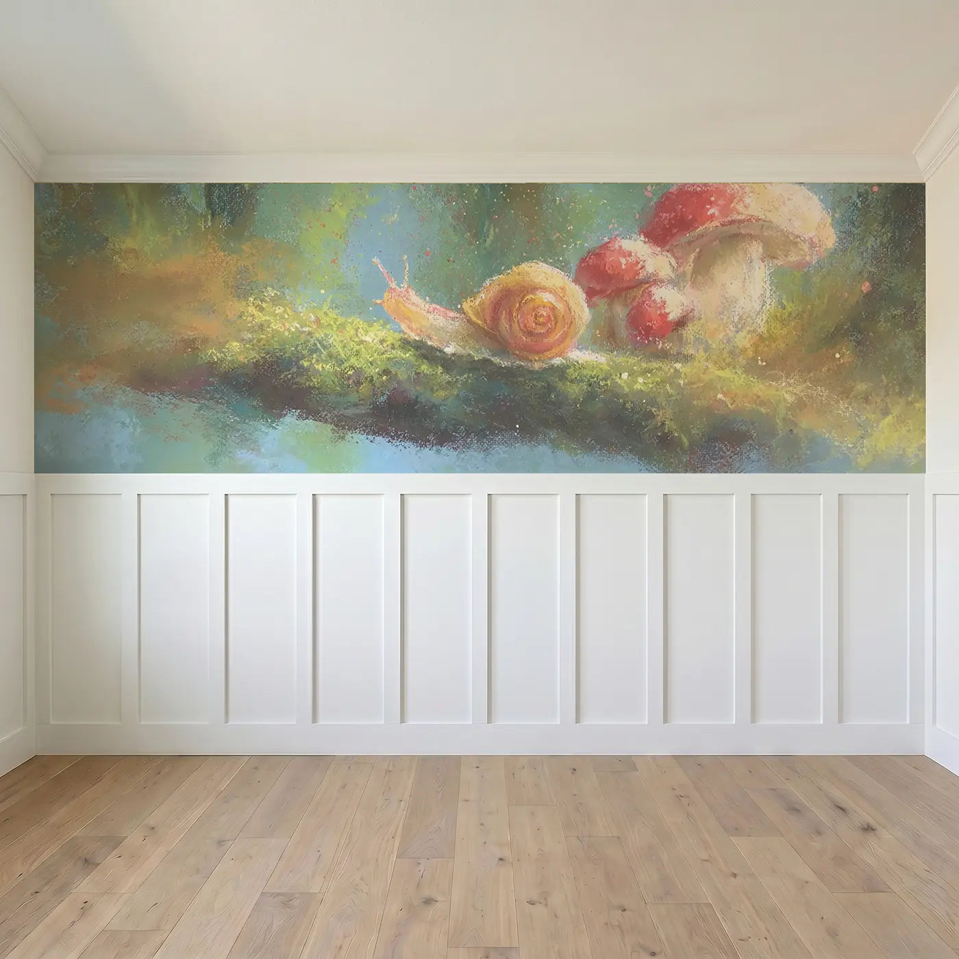 Full panel view of Fuzzy Snail Mushroom Walk Wainscoting Wallpaper by Whimsy Tots