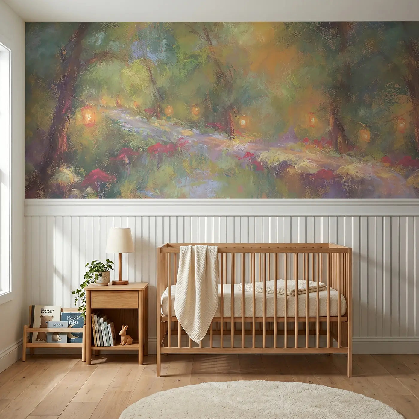 Soft Pastel chalk forest lantern path wainscoting wallpaper for nursery by Whimsy Tots