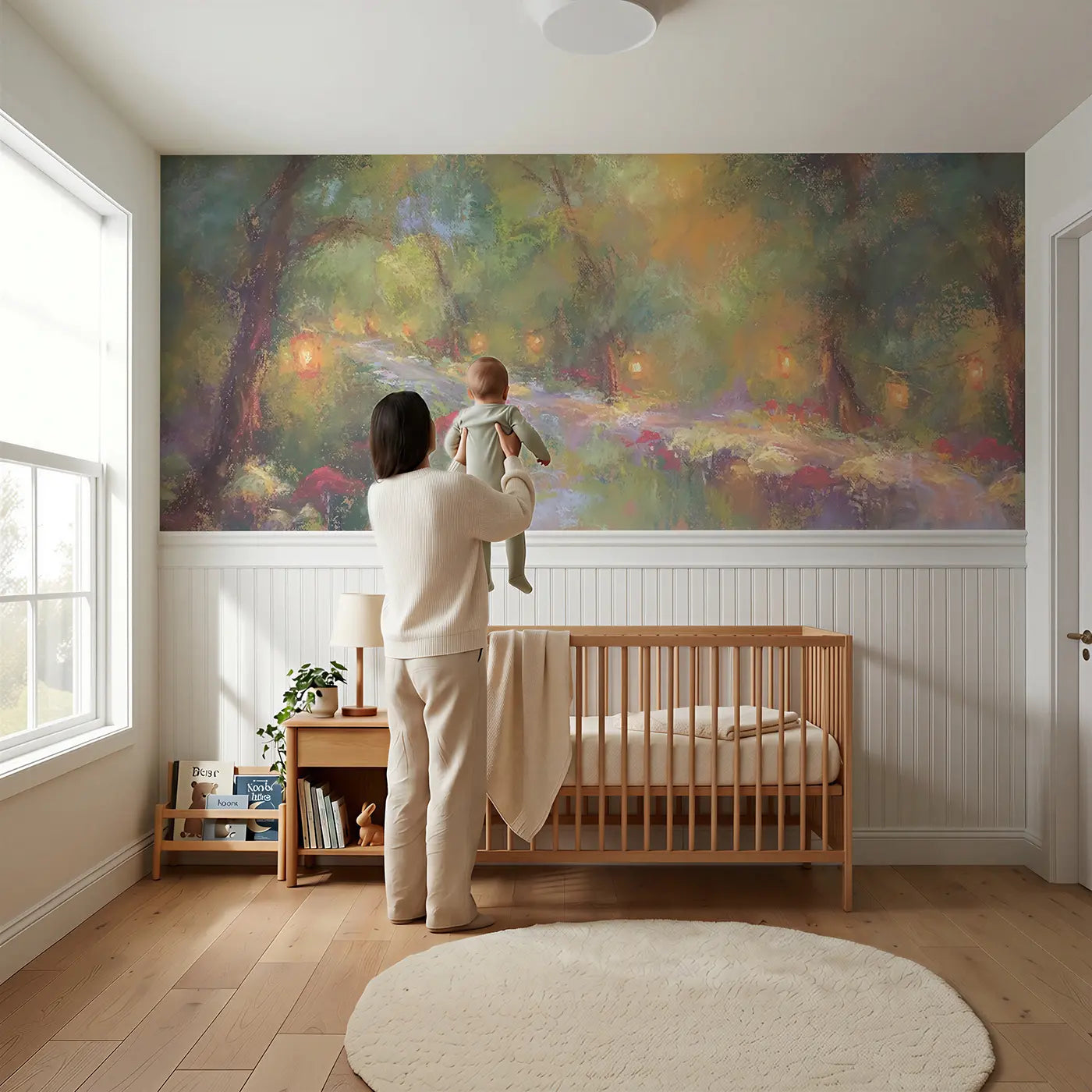 Child reading near Chalk Forest Lantern Path Wainscoting Wallpaper by Whimsy Tots