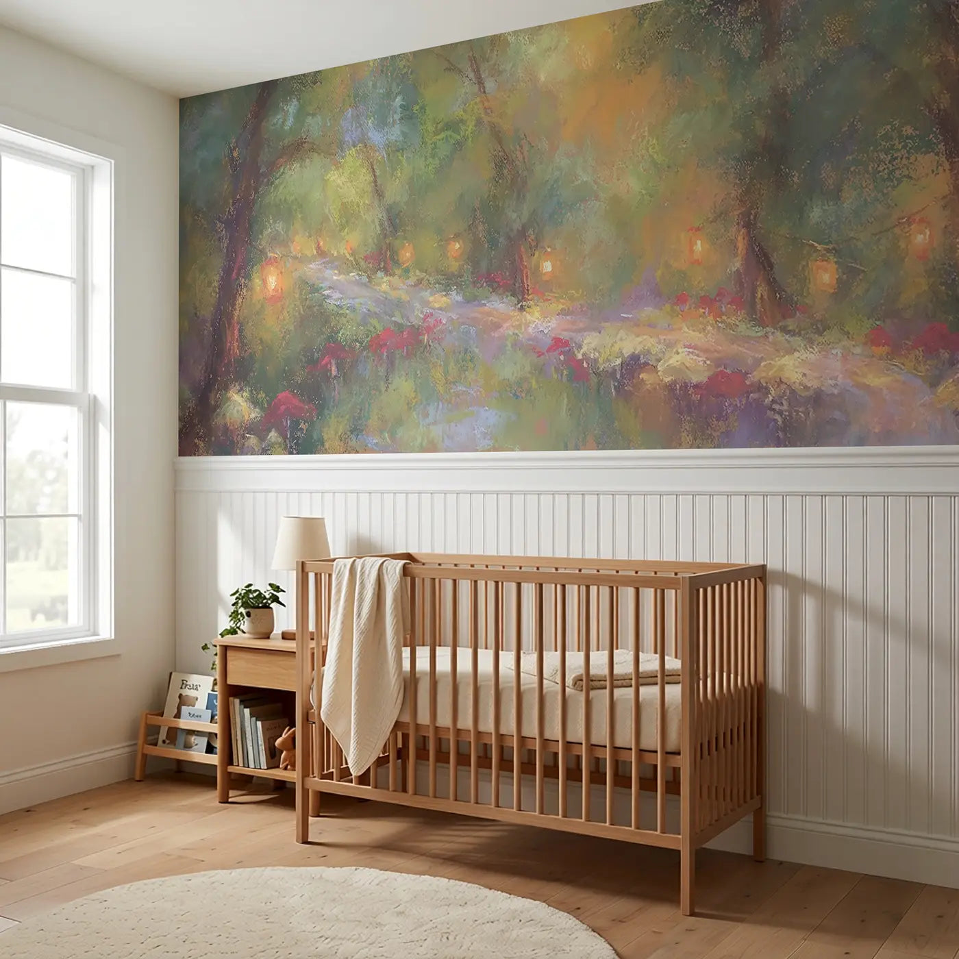 Chalk Forest Lantern Path Wainscoting Wallpaper styled in a kids bedroom by Whimsy Tots