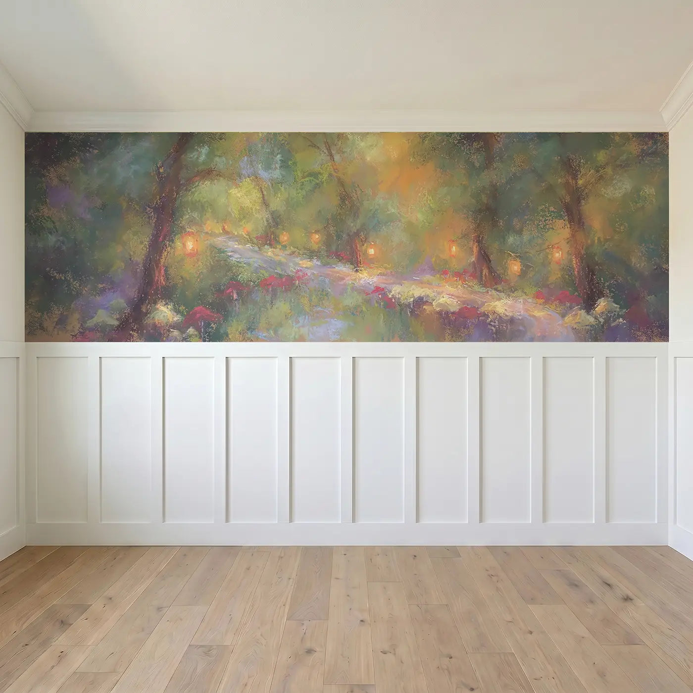 Full panel view of Chalk Forest Lantern Path Wainscoting Wallpaper by Whimsy Tots
