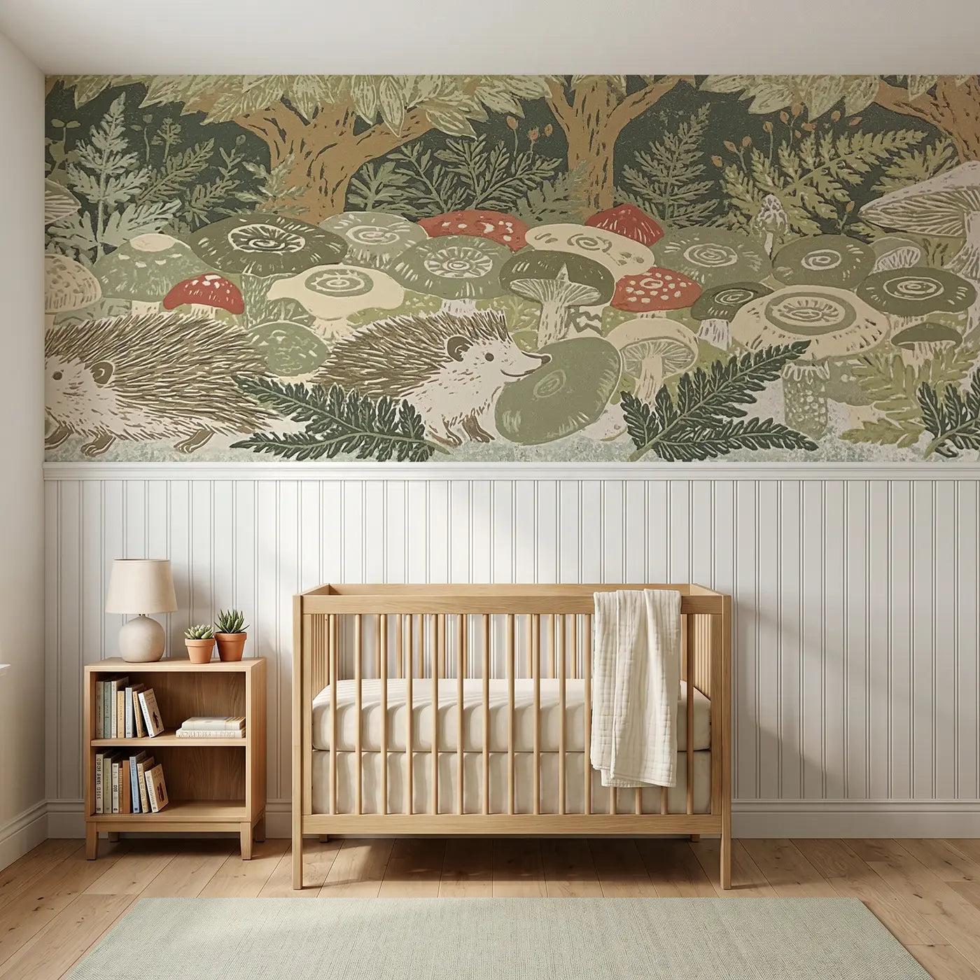 Block Print carved mushroom forest floor wainscoting wallpaper for nursery by Whimsy Tots