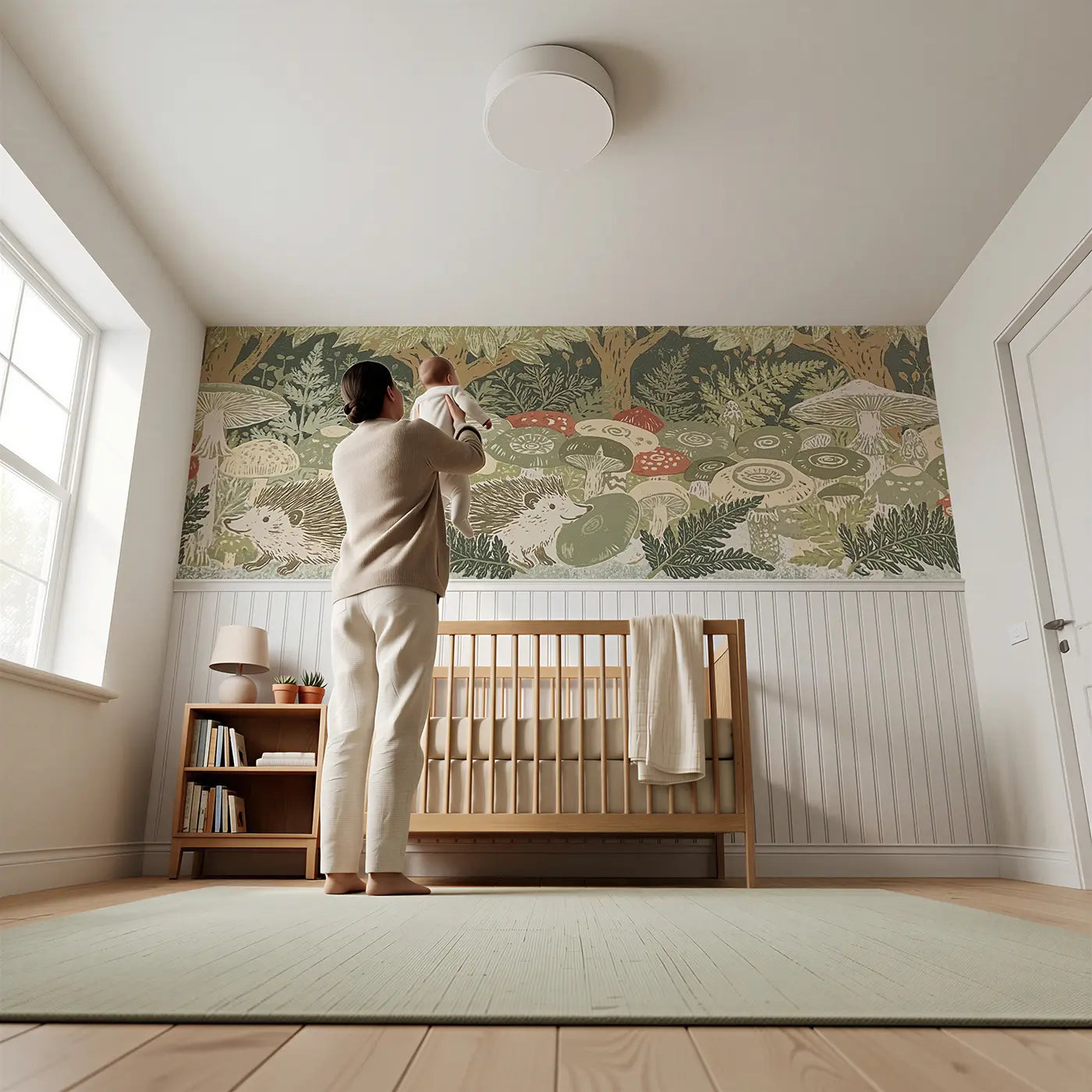 Child reading near Carved Mushroom Forest Floor Wainscoting Wallpaper by Whimsy Tots