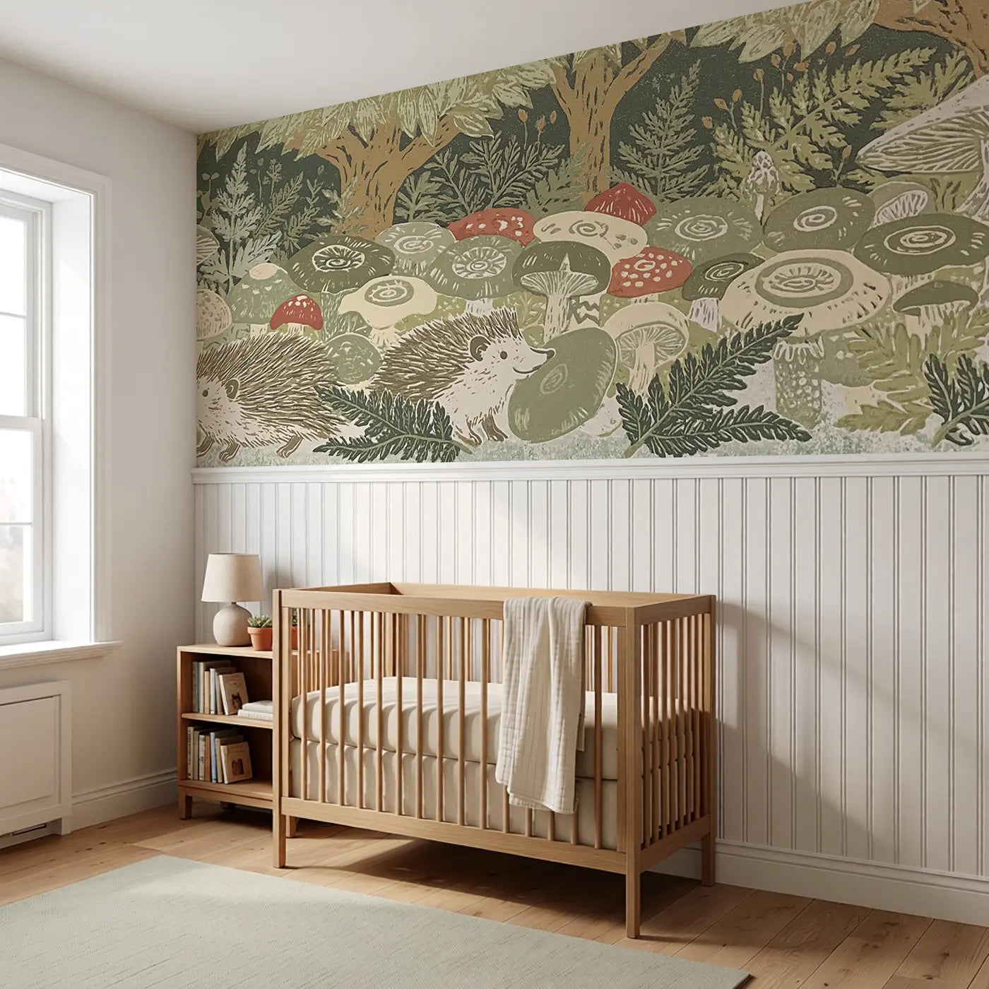 Carved Mushroom Forest Floor Wainscoting Wallpaper styled in a kids bedroom by Whimsy Tots