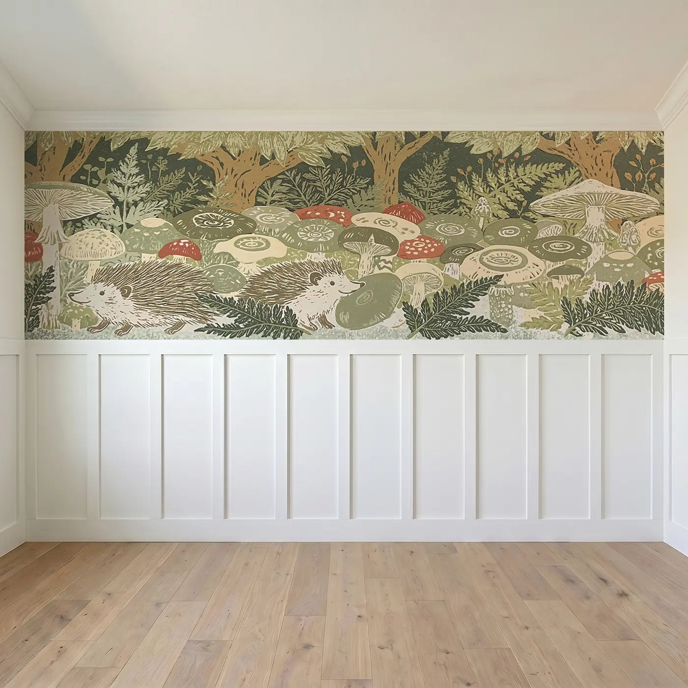 Full panel view of Carved Mushroom Forest Floor Wainscoting Wallpaper by Whimsy Tots