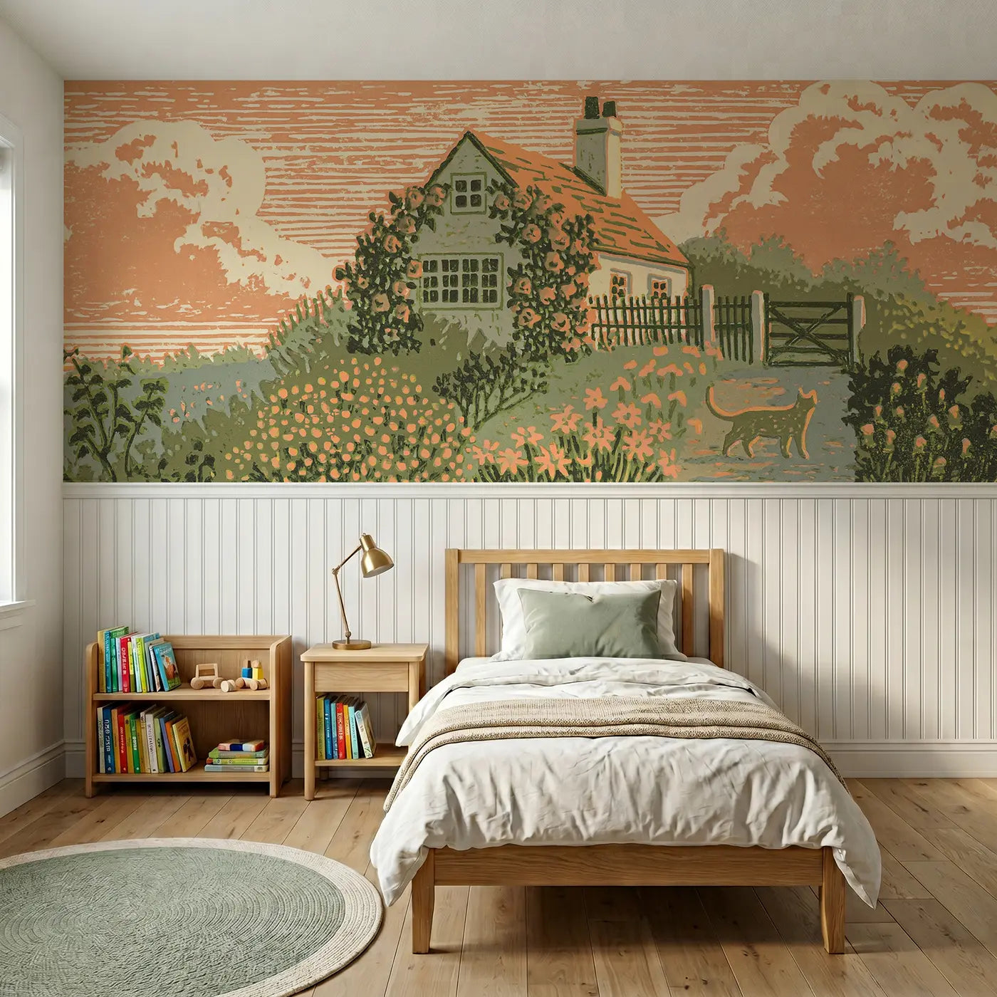 Block Print cottage garden wainscoting wallpaper for bedroom by Whimsy Tots