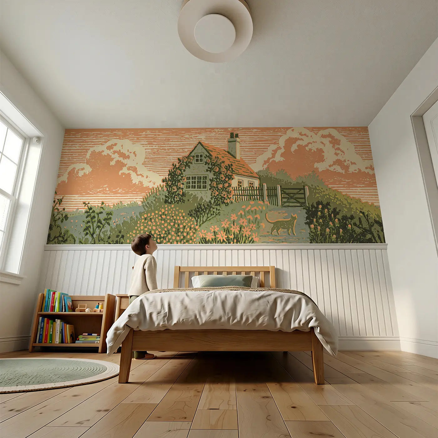 Child reading near Block Print Cottage Garden Wainscoting Wallpaper by Whimsy Tots