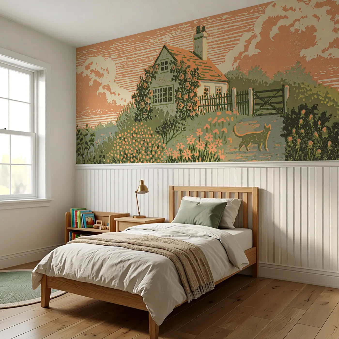 Block Print Cottage Garden Wainscoting Wallpaper styled in a kids bedroom by Whimsy Tots